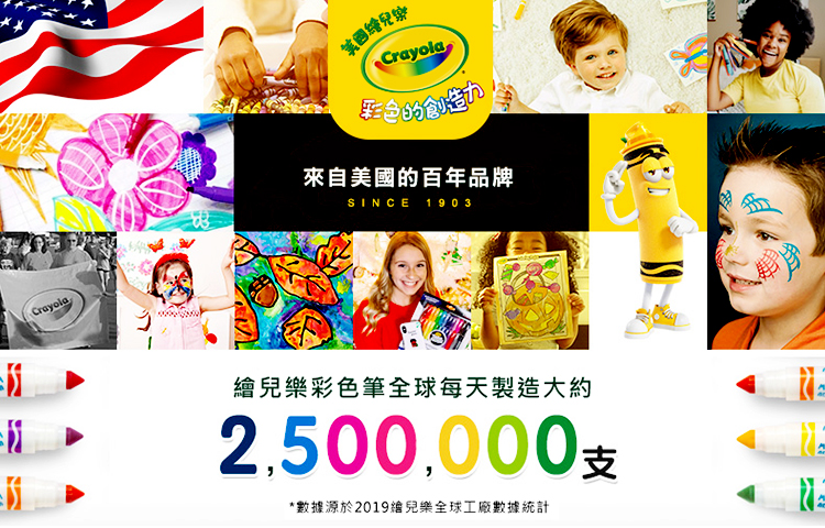 Crayola美國Crayola來自美國的百年品牌SINCE 1903兒樂彩色筆全球每天製造大約2,500,000*數據源於2019繪兒樂全球工廠數據統計
