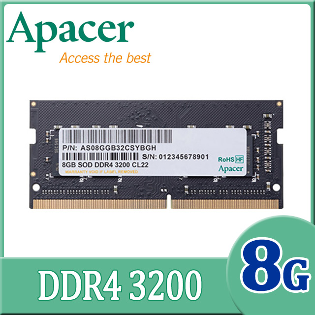 Apacer 8GB DDR4 3200 1024x8 筆記型記憶體