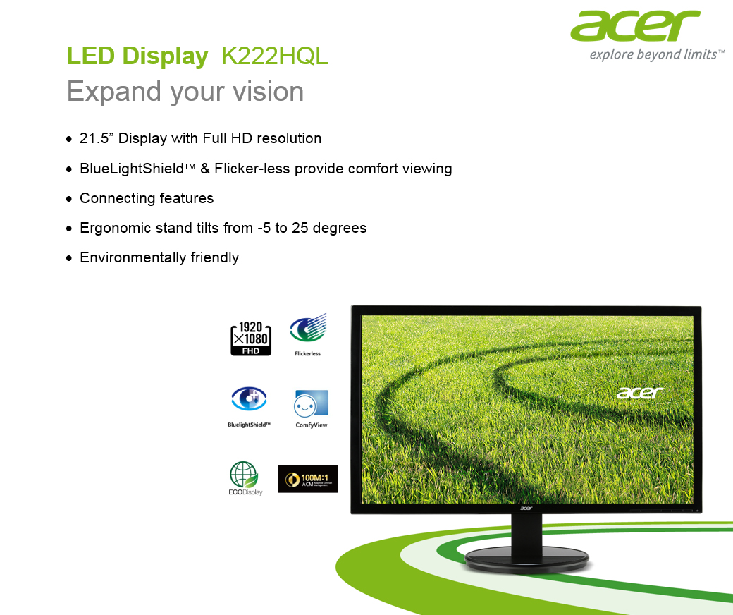 [信達電腦] Acer 宏碁  K222HQL 22吋液晶螢幕 濾藍光不閃屏 VGA/DVI/HDMI 三介面