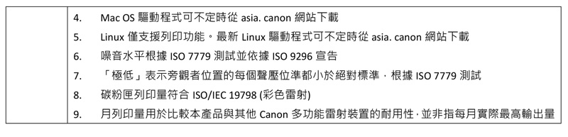 4Mac OS 驅動程式可不定時 asia canon 網站下載5Linux 僅支援列印功能。最新 Linux 驅動程式可不定時從asia.canon 網站下載6.噪音水平根據 ISO7779 測試並依據ISO9296宣告7. 「極低」表示旁觀者位置的每個聲壓位準都小於絕對標準根據ISO7779 測試 碳粉匣列印量符合ISO/IEC 19798 (彩色雷射)9. 月列印量用於比較本產品與其他 Canon 多功能雷射裝置的耐用性,並非指每月實際最高輸出量